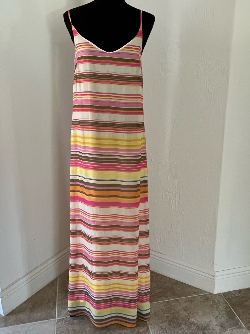 Old Navy Sheer Striped Maxi Dress M Spaghetti Strap Lined Cream Pink Olive Boho